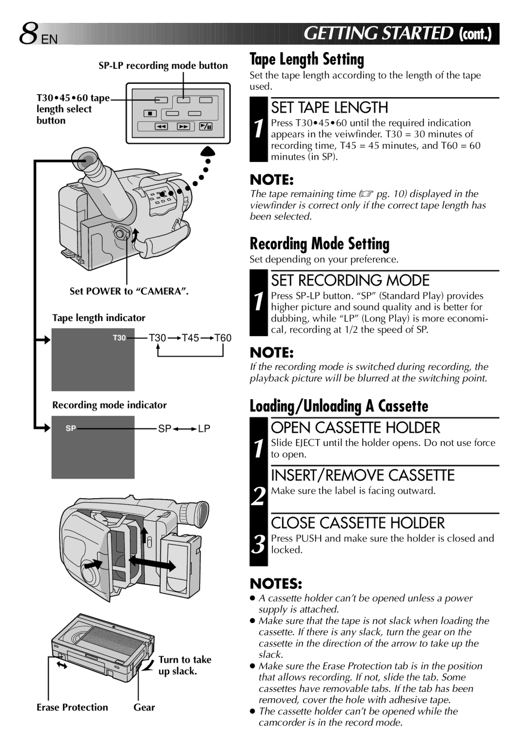 JVC HQ VHS instruction manual Tape Length Setting, Recording Mode Setting, Loading/Unloading a Cassette 