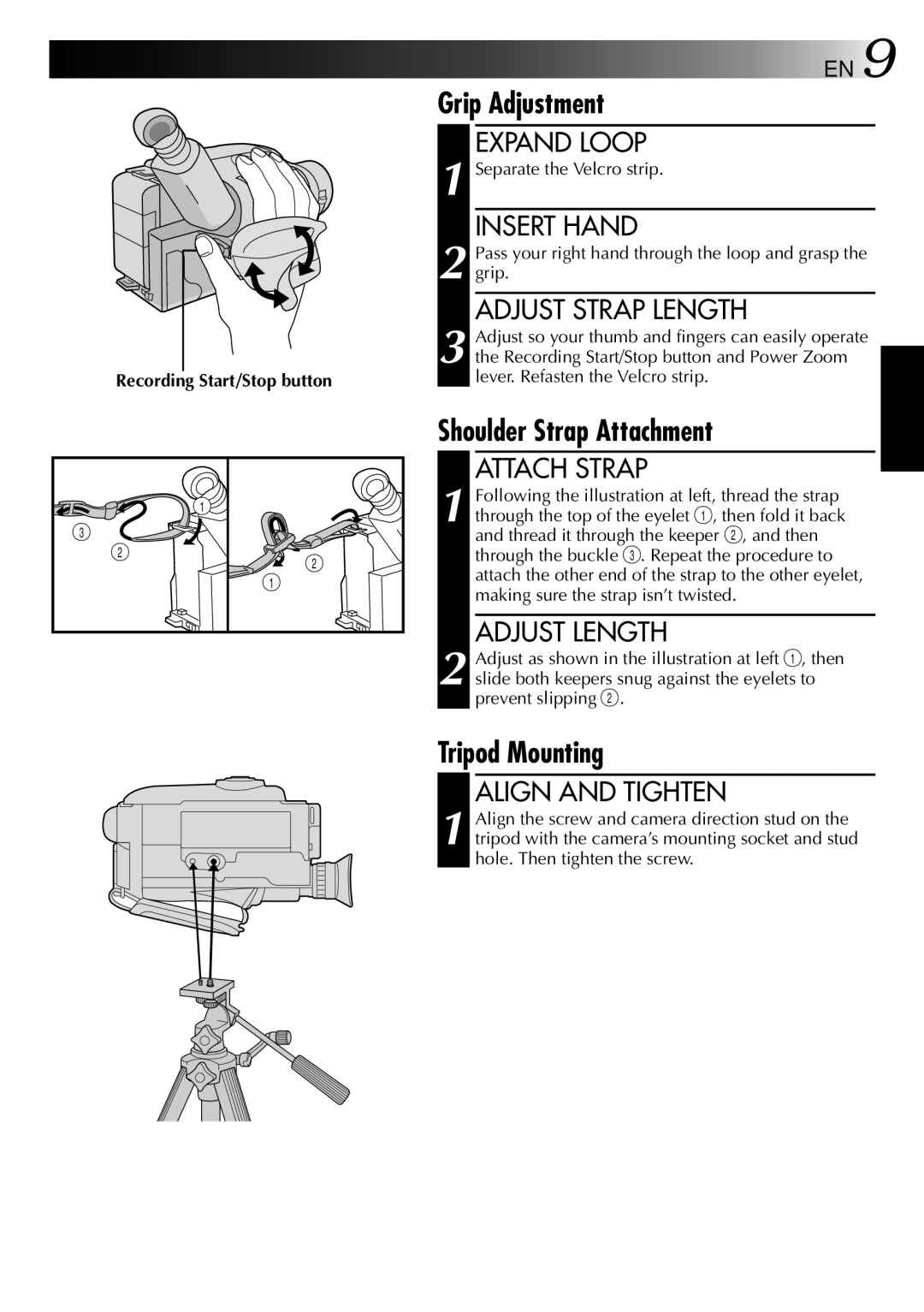 JVC HQ VHS instruction manual Grip Adjustment, Shoulder Strap Attachment, Tripod Mounting 