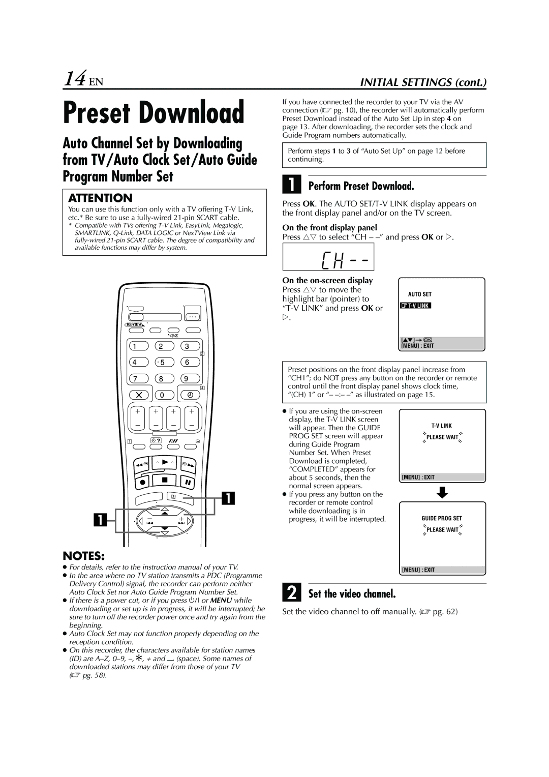 JVC HR - S7950EU 14 EN, Perform Preset Download, Set the video channel, Press rt to select CH - and press OK or e 