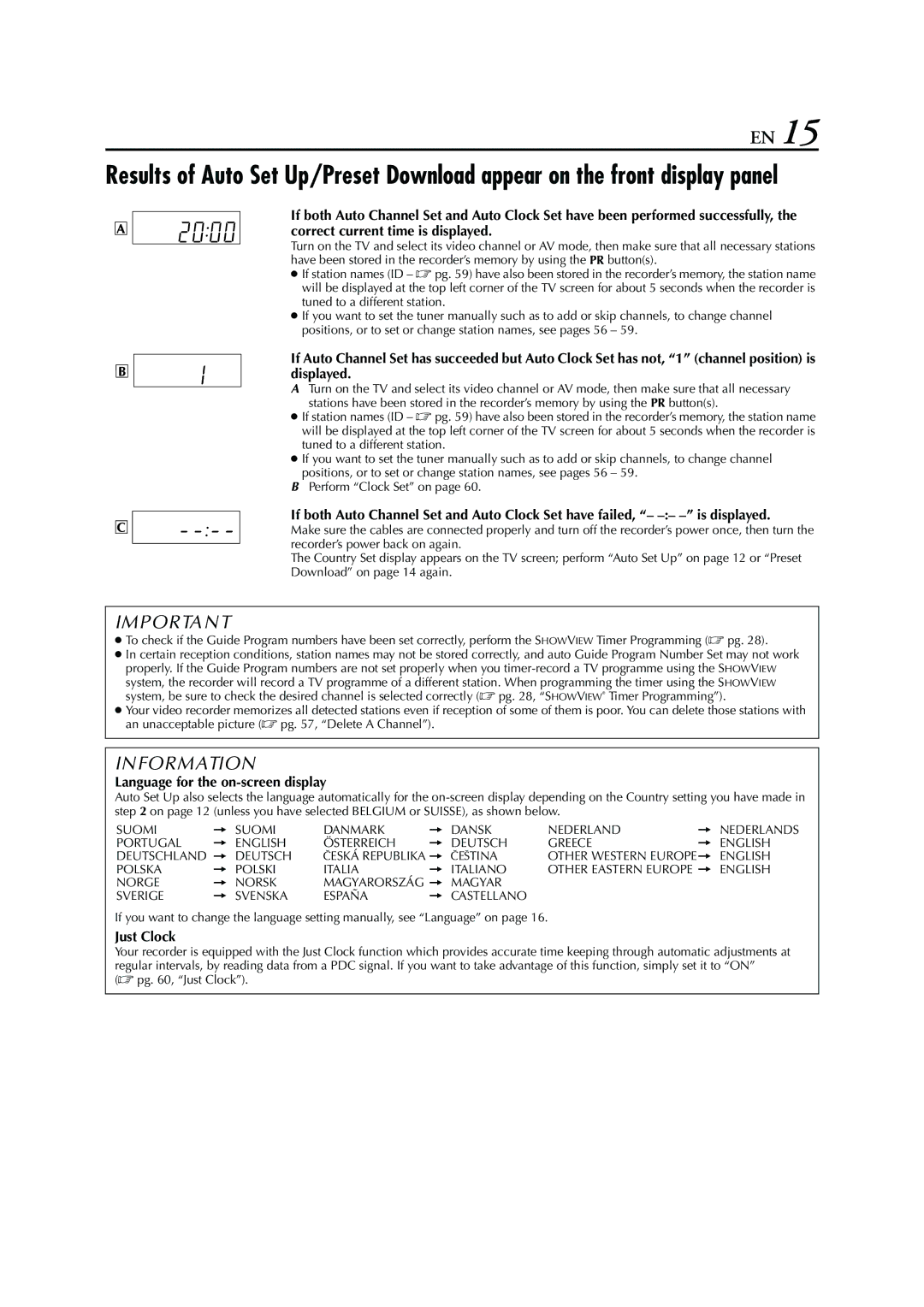 JVC HR - S7950EU specifications Language for the on-screen display, Just Clock 