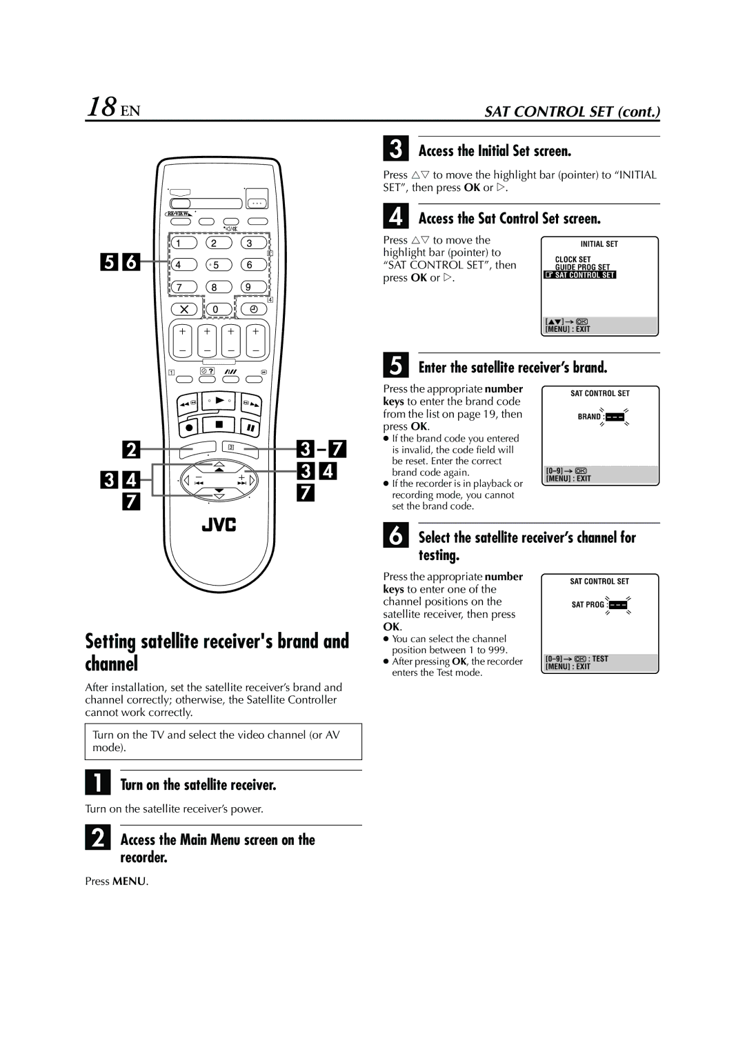 JVC HR - S7950EU specifications 18 EN, Setting satellite receivers brand and channel 