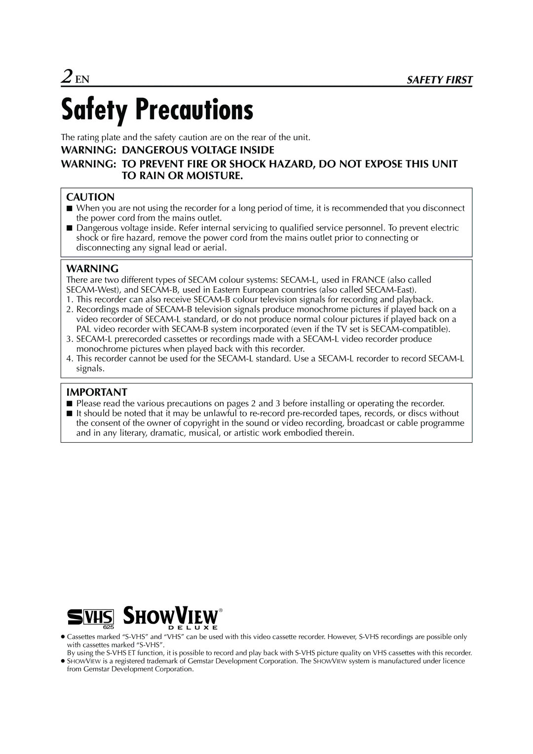 JVC HR - S7950EU specifications Safety Precautions 