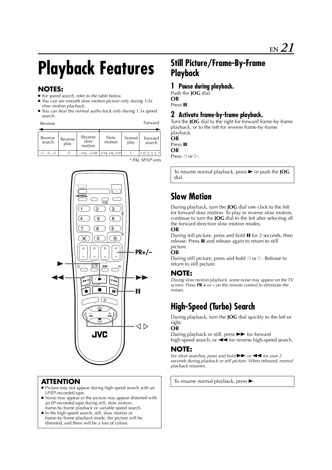 JVC HR - S7950EU Slow Motion, High-Speed Turbo Search, Pause during playback, Activate frame-by-frame playback 