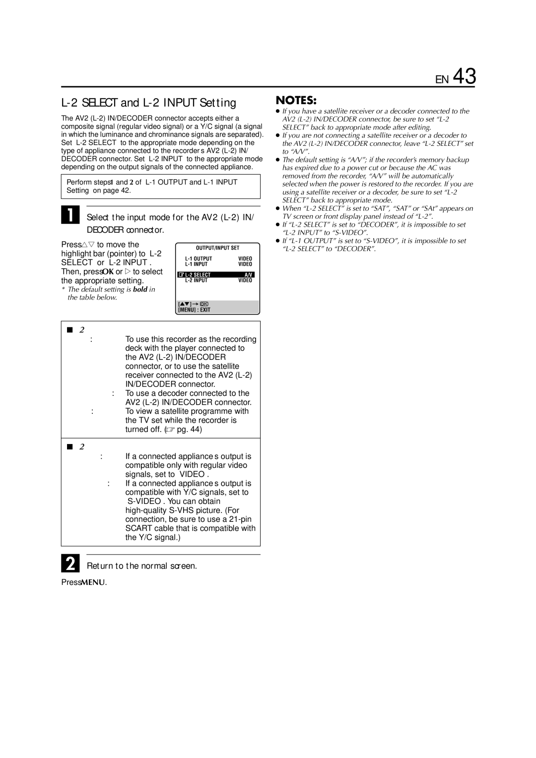 JVC HR - S7950EU specifications Select and L-2 Input Setting, Decoder connector 