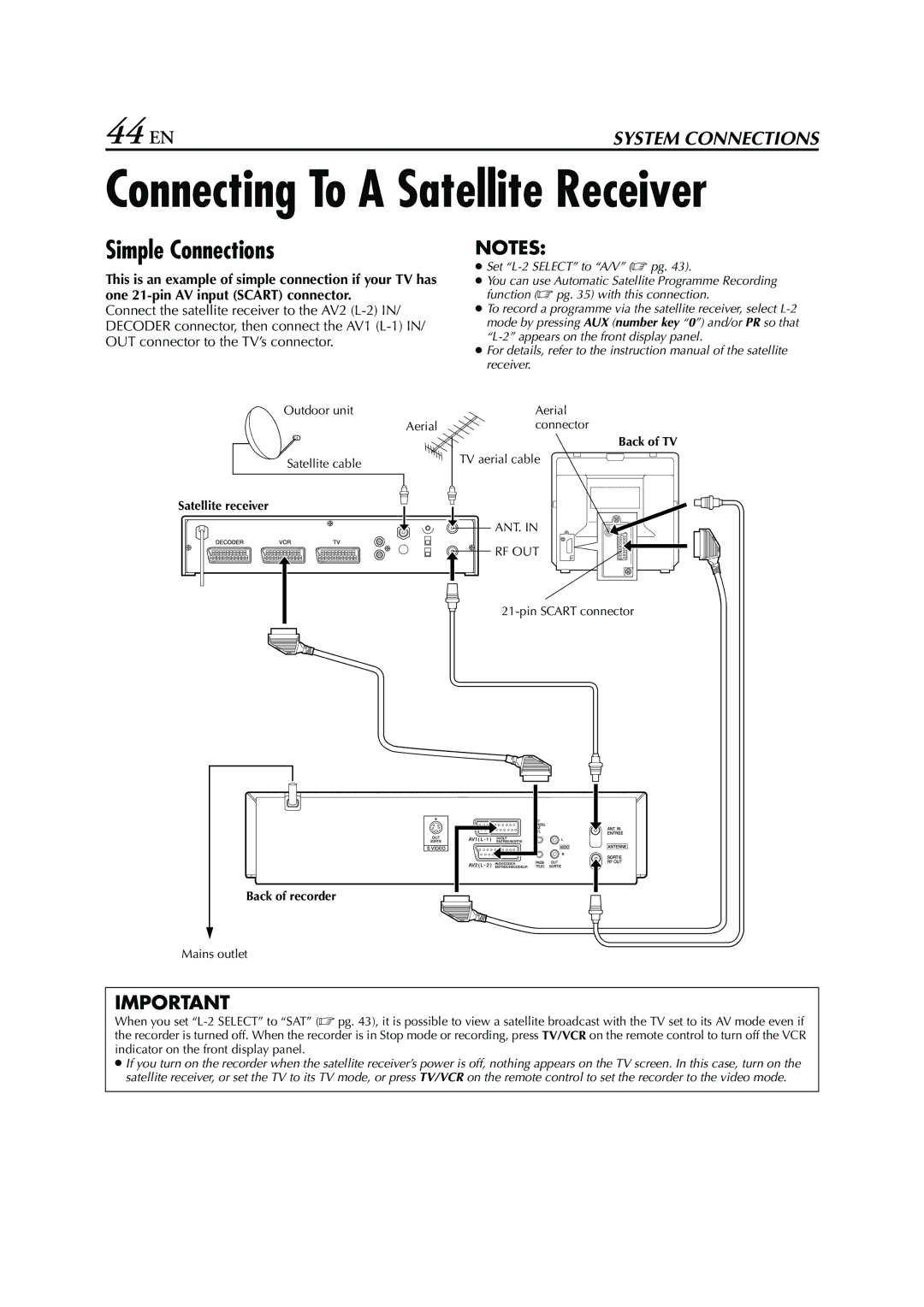 JVC HR - S7950EU specifications Connecting To a Satellite Receiver, Simple Connections 