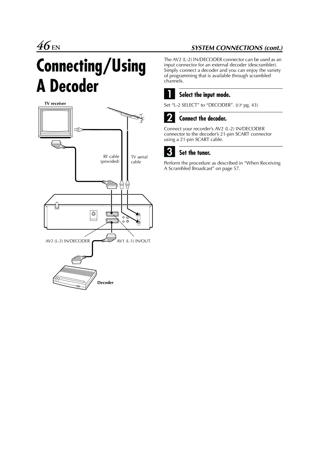 JVC HR - S7950EU 46 EN, Select the input mode, Connect the decoder, Set the tuner, Set L-2 Select to DECODER.  pg 