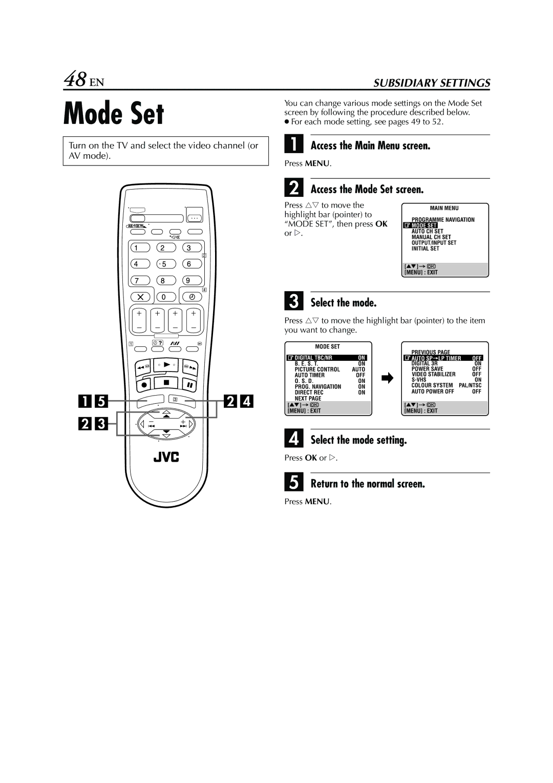 JVC HR - S7950EU specifications 48 EN, Access the Mode Set screen, Select the mode setting 