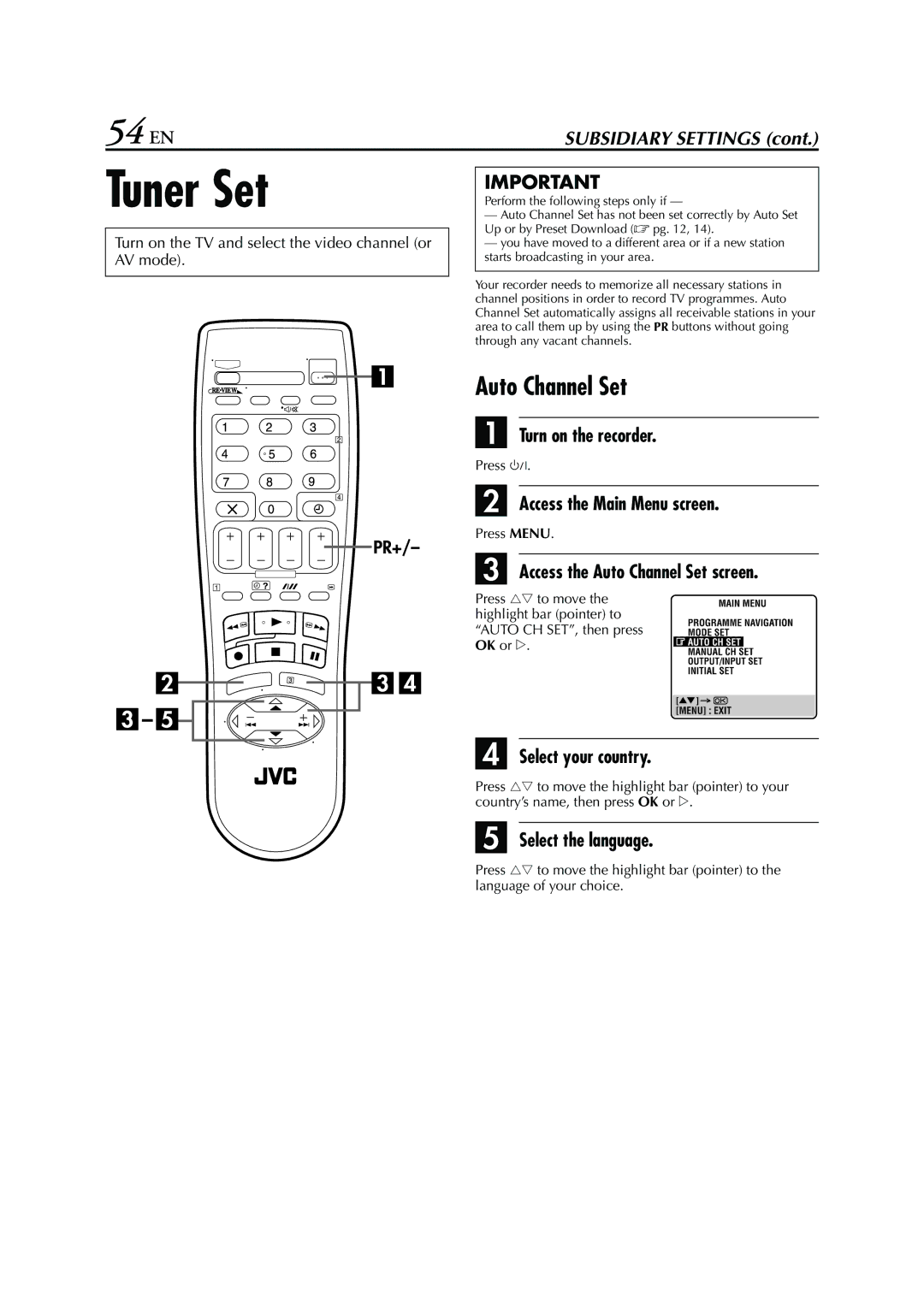 JVC HR - S7950EU specifications Tuner Set, 54 EN, Access the Auto Channel Set screen 