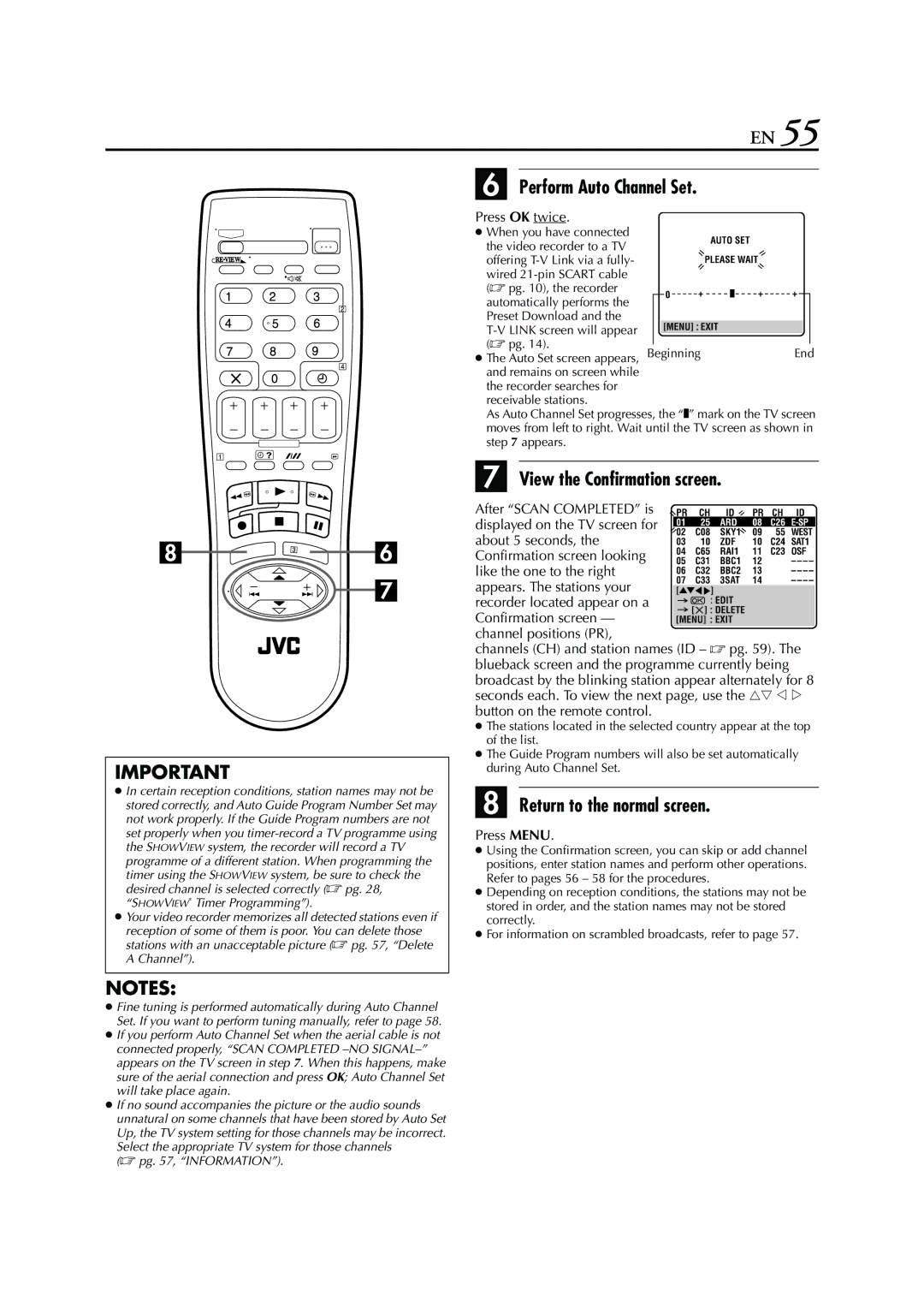 JVC HR - S7950EU specifications Perform Auto Channel Set, View the Confirmation screen, Press OK twice 