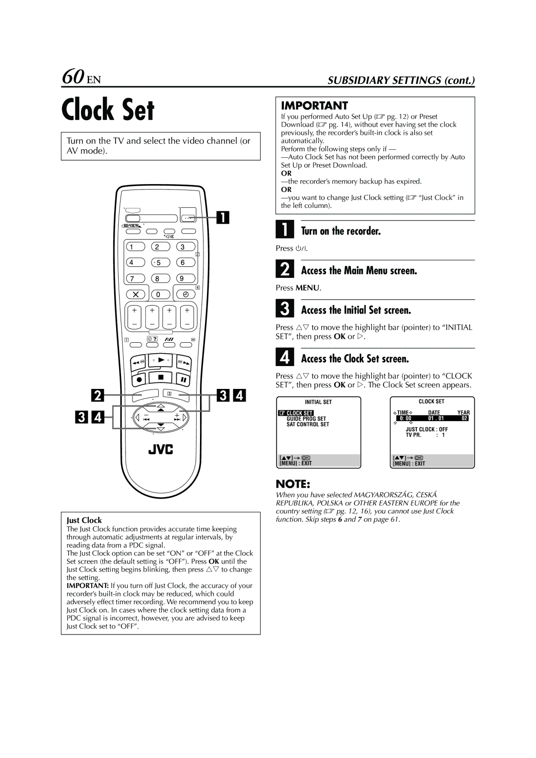 JVC HR - S7950EU specifications 60 EN, Access the Clock Set screen 