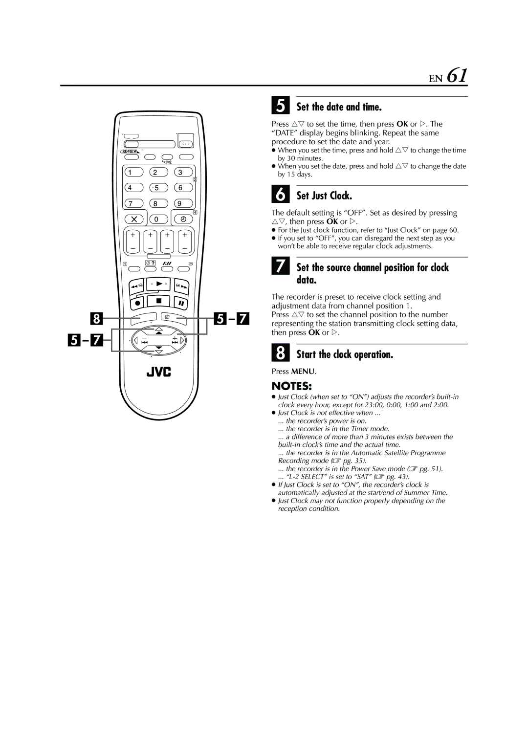 JVC HR - S7950EU specifications Set the date and time, Set Just Clock, Set the source channel position for clock data 