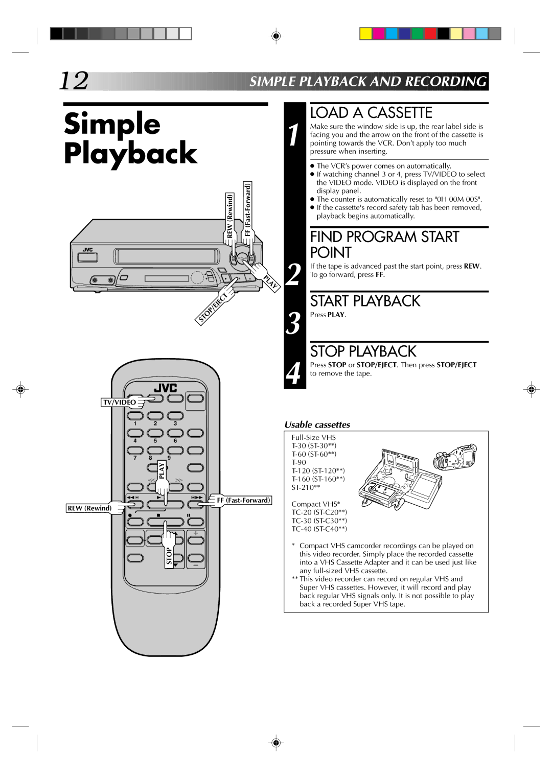 JVC HR-A22U manual Simple Playback, Load a Cassette, Find Program Start Point, Start Playback, Stop Playback 