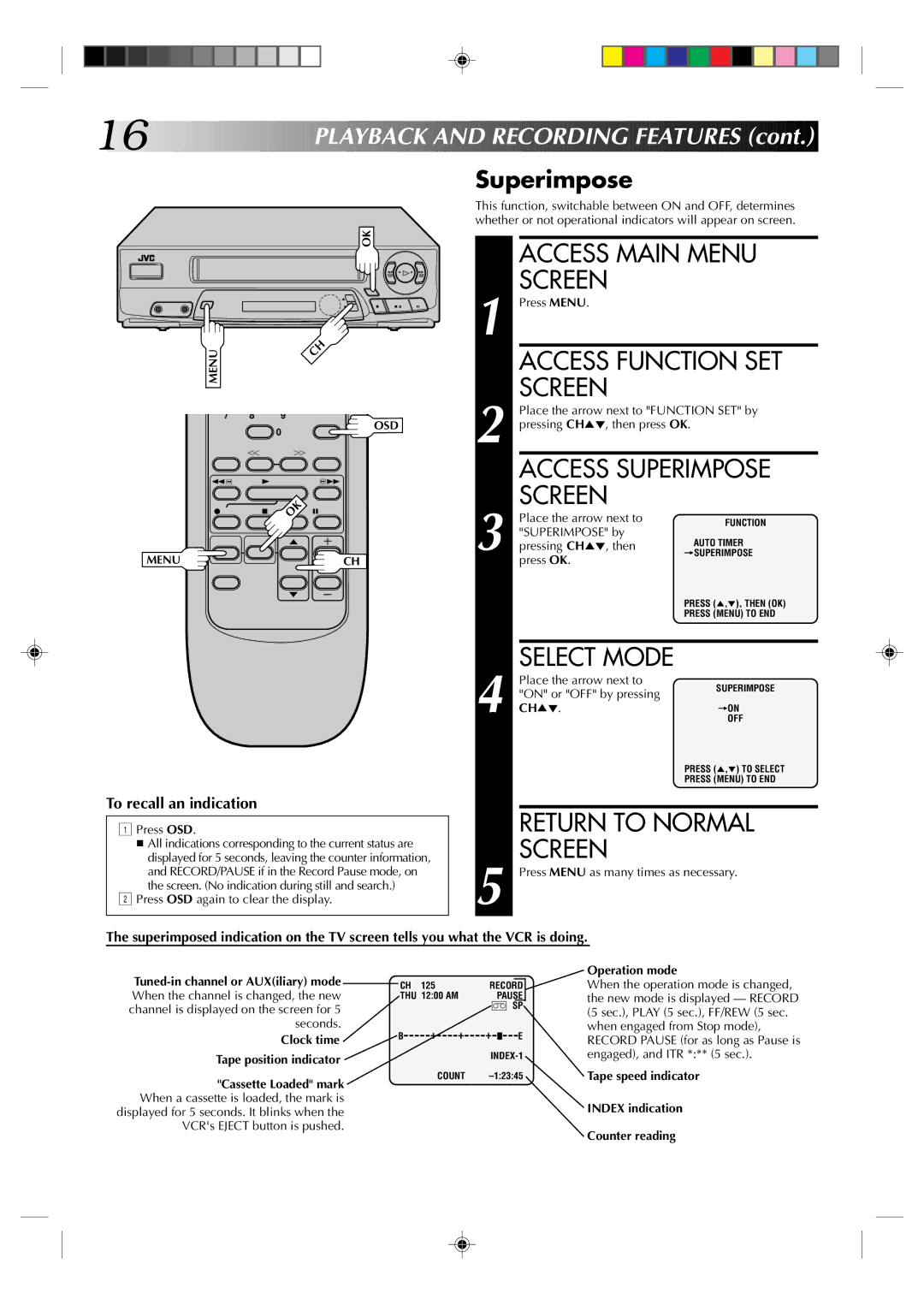 JVC HR-A22U manual Access Function SET, Layback and Recording Features, Superimpose 