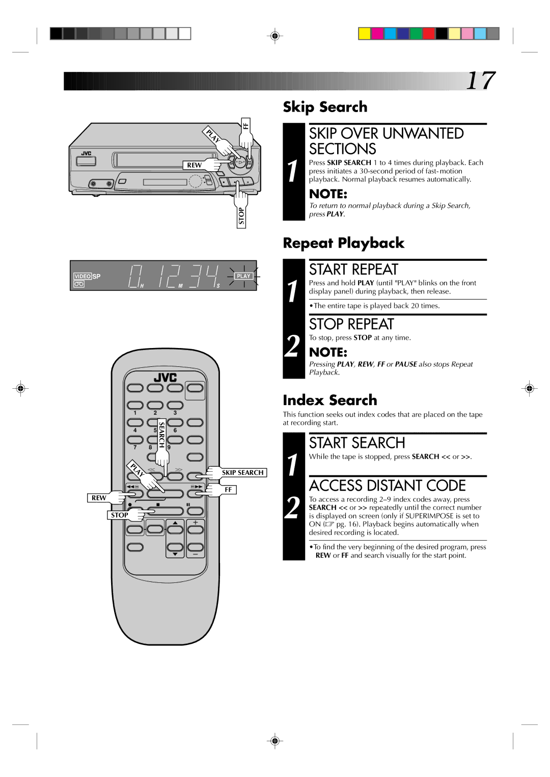 JVC HR-A22U manual Skip Over Unwanted Sections, Start Repeat, Start Search, Access Distant Code 