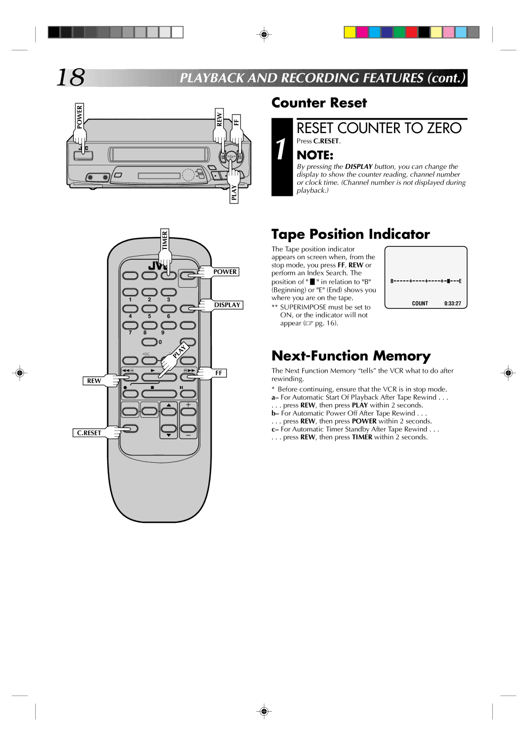 JVC HR-A22U manual Counter Reset, Tape Position Indicator, Next-Function Memory 