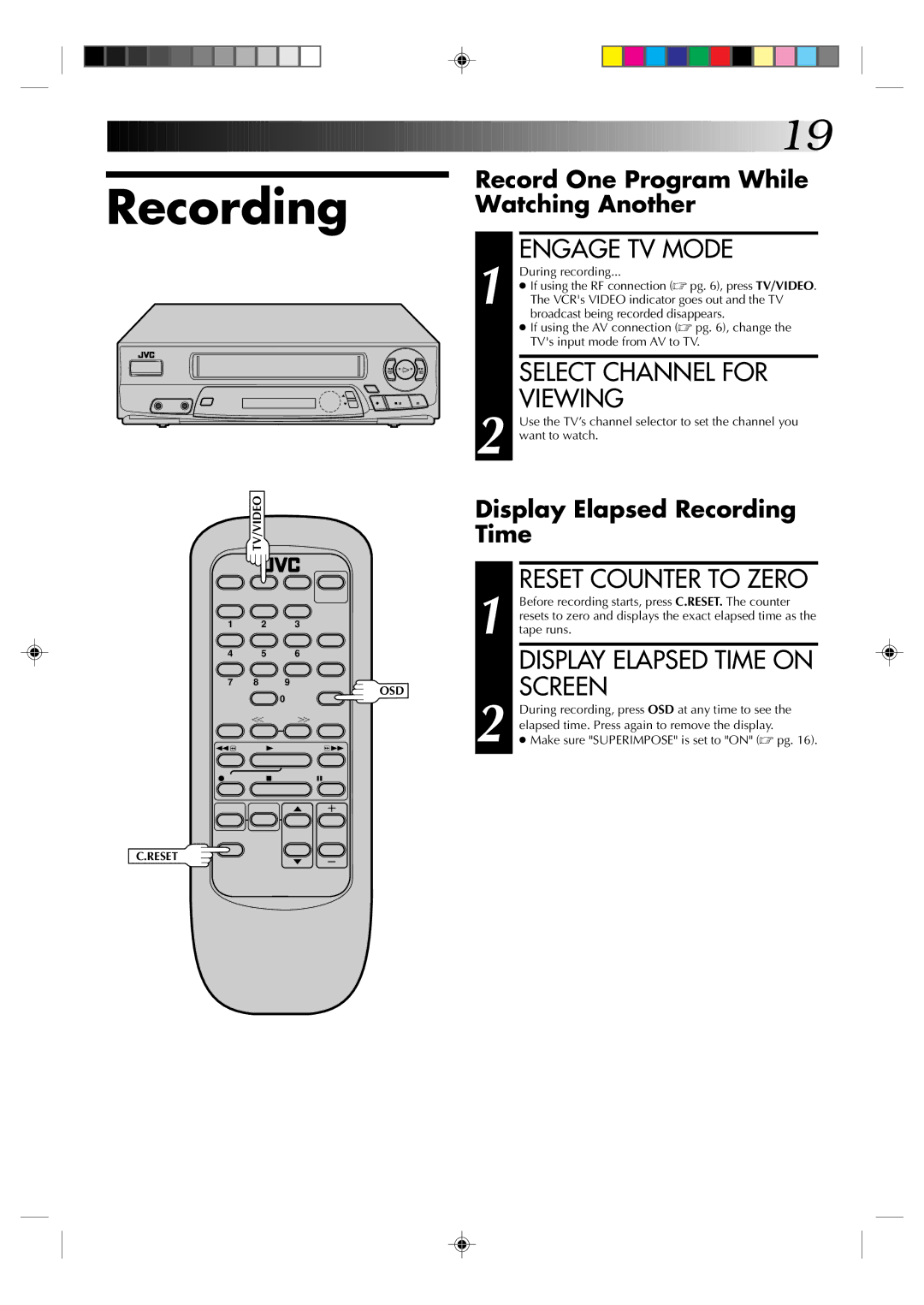 JVC HR-A22U manual Recording, Engage TV Mode, Select Channel for Viewing, Record One Program While Watching Another 