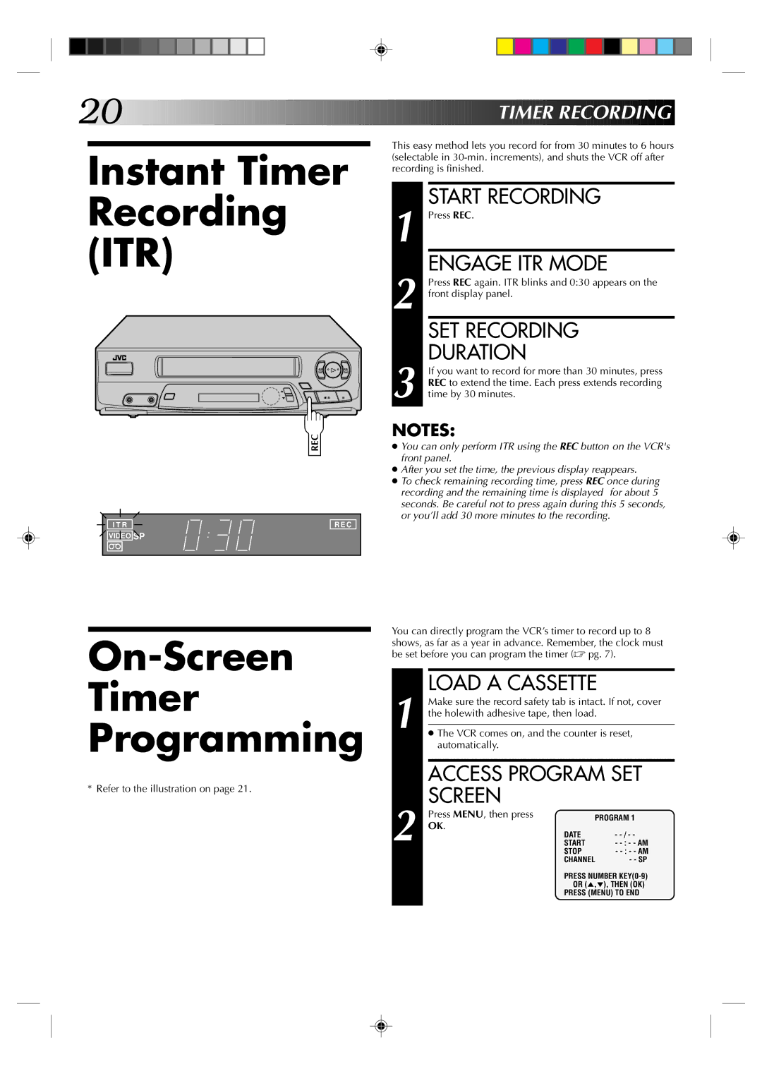 JVC HR-A22U manual Instant Timer Recording ITR, On-Screen Timer Programming, Engage ITR Mode, SET Recording Duration 