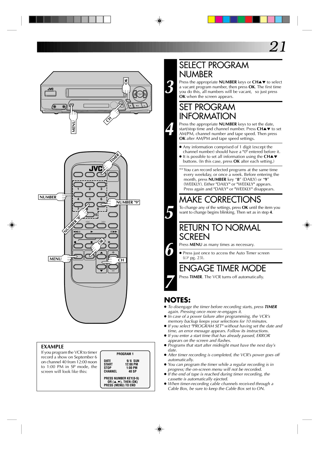 JVC HR-A22U manual Select Program Number, SET Program, Information, Engage Timer Mode 