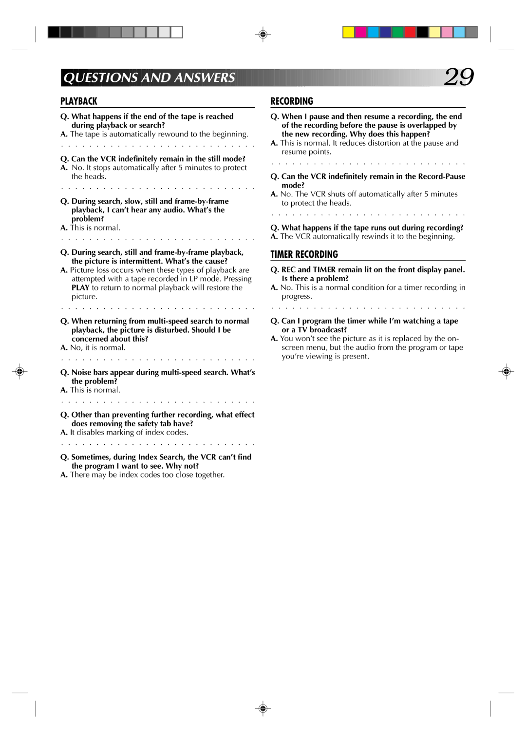 JVC HR-A22U manual Quest Ions and Answers, Playback 