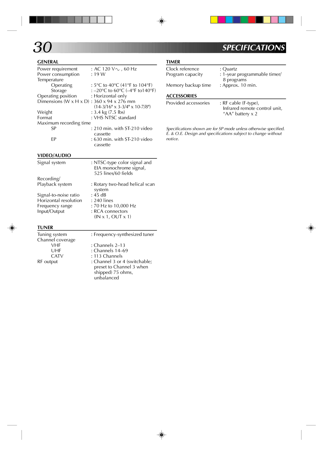 JVC HR-A22U manual Specifications 