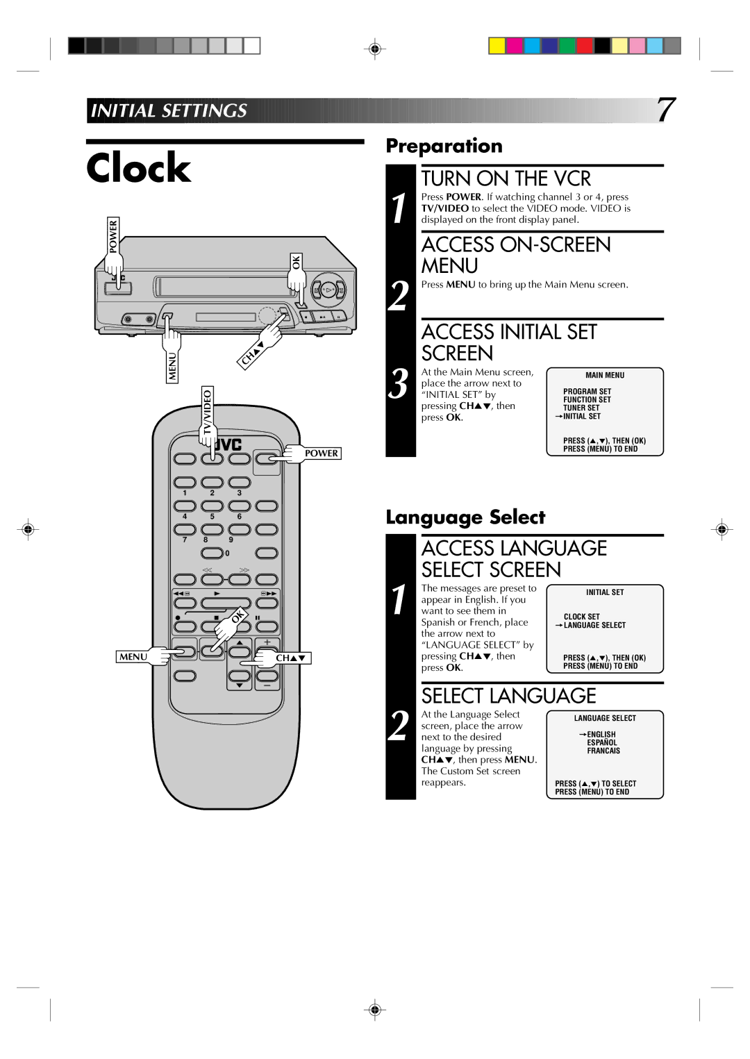 JVC HR-A22U manual Clock, Select Language, Preparation, Language Select 