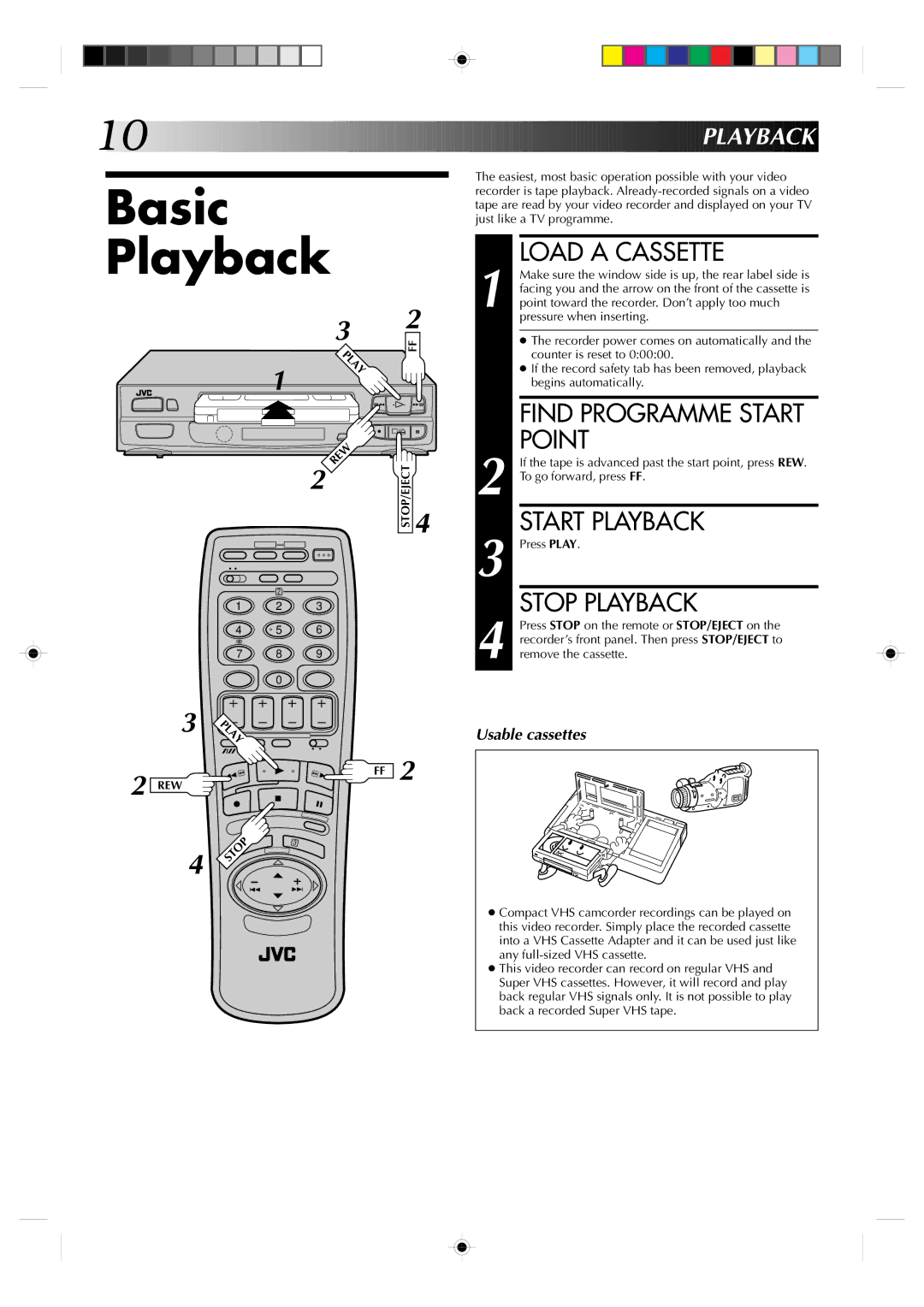 JVC HR-A230EK specifications Basic Playback, Load a Cassette, Point, Start Playback, Stop Playback 