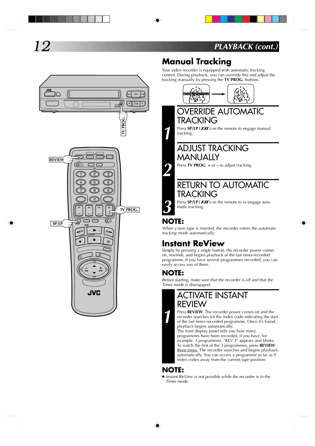 JVC HR-A230EK Override Automatic Tracking, Adjust Tracking, Manually, Return to Automatic, Activate Instant Review 