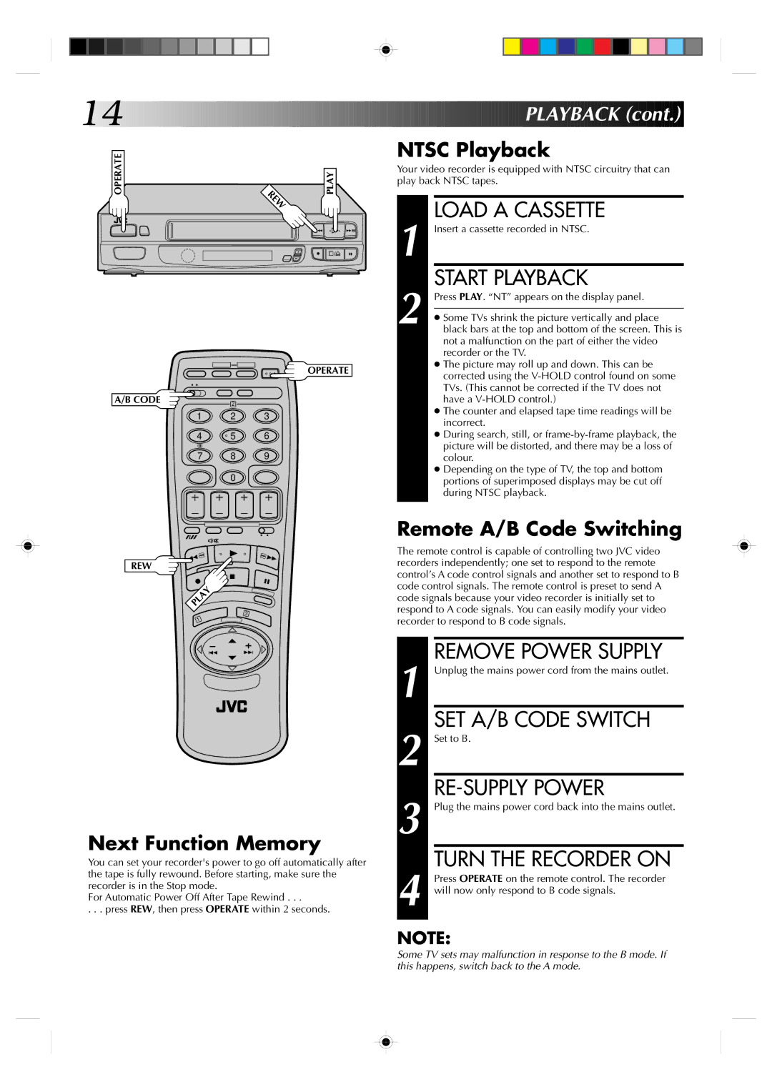 JVC HR-A230EK SET A/B Code Switch, RE-SUPPLY Power, Next Function Memory, Ntsc Playback, Remote A/B Code Switching 