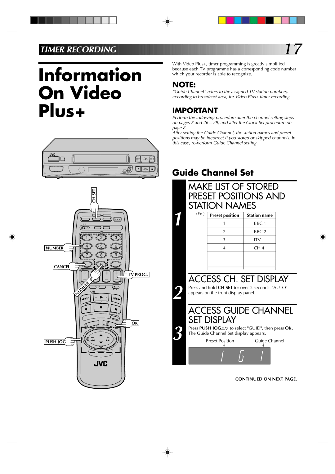 JVC HR-A230EK specifications Information On Video Plus+, SET Display, Timer Recording, Guide Channel Set 