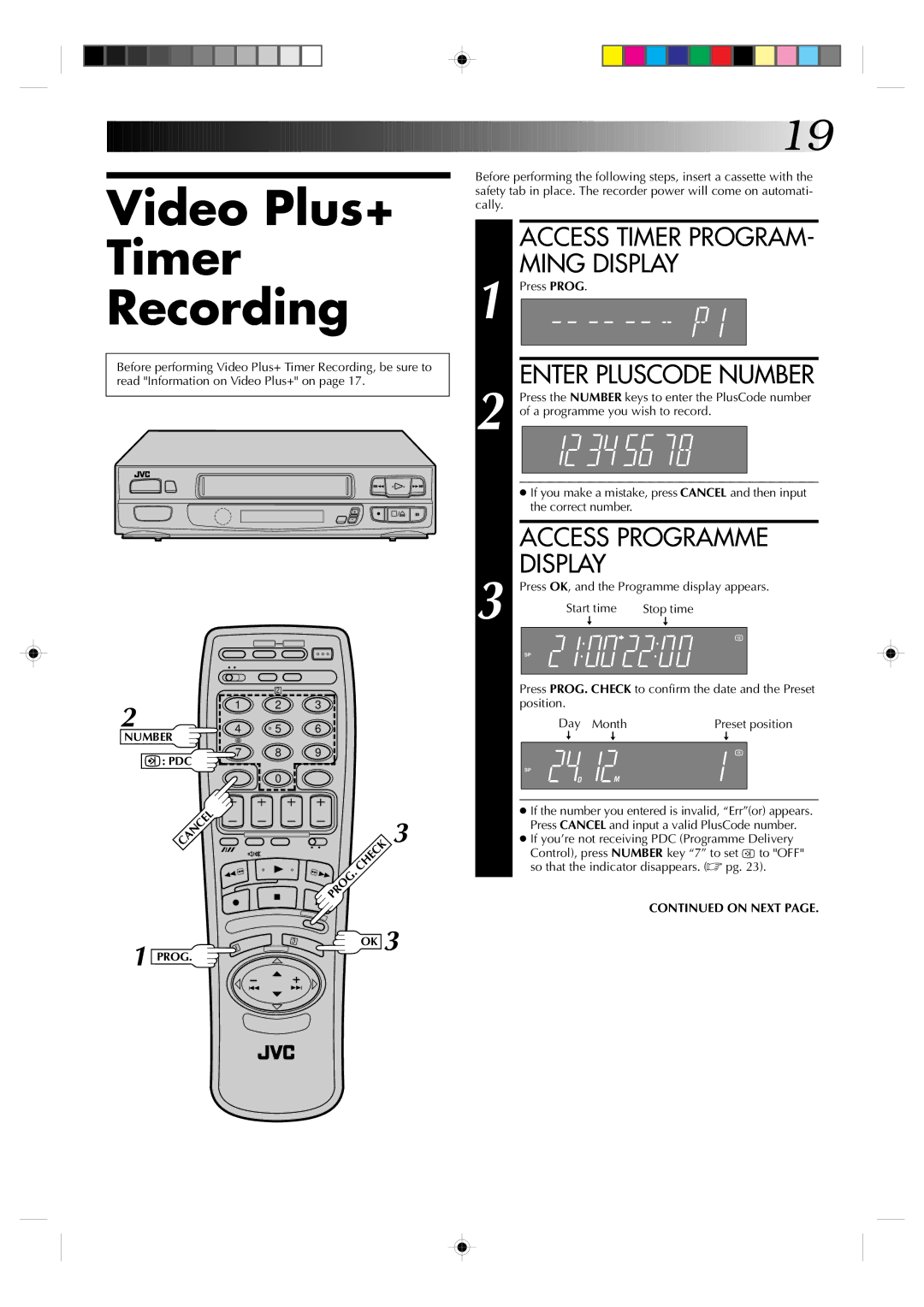 JVC HR-A230EK Video Plus+ Timer Recording, Access Timer Program Ming Display, Enter Pluscode Number, Access Programme 