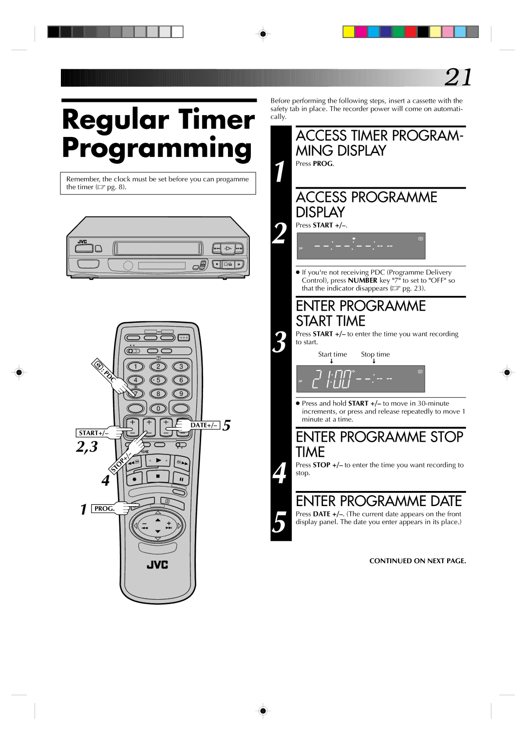 JVC HR-A230EK Regular Timer Programming, Access Programme Display, Enter Programme Start Time, Enter Programme Date 