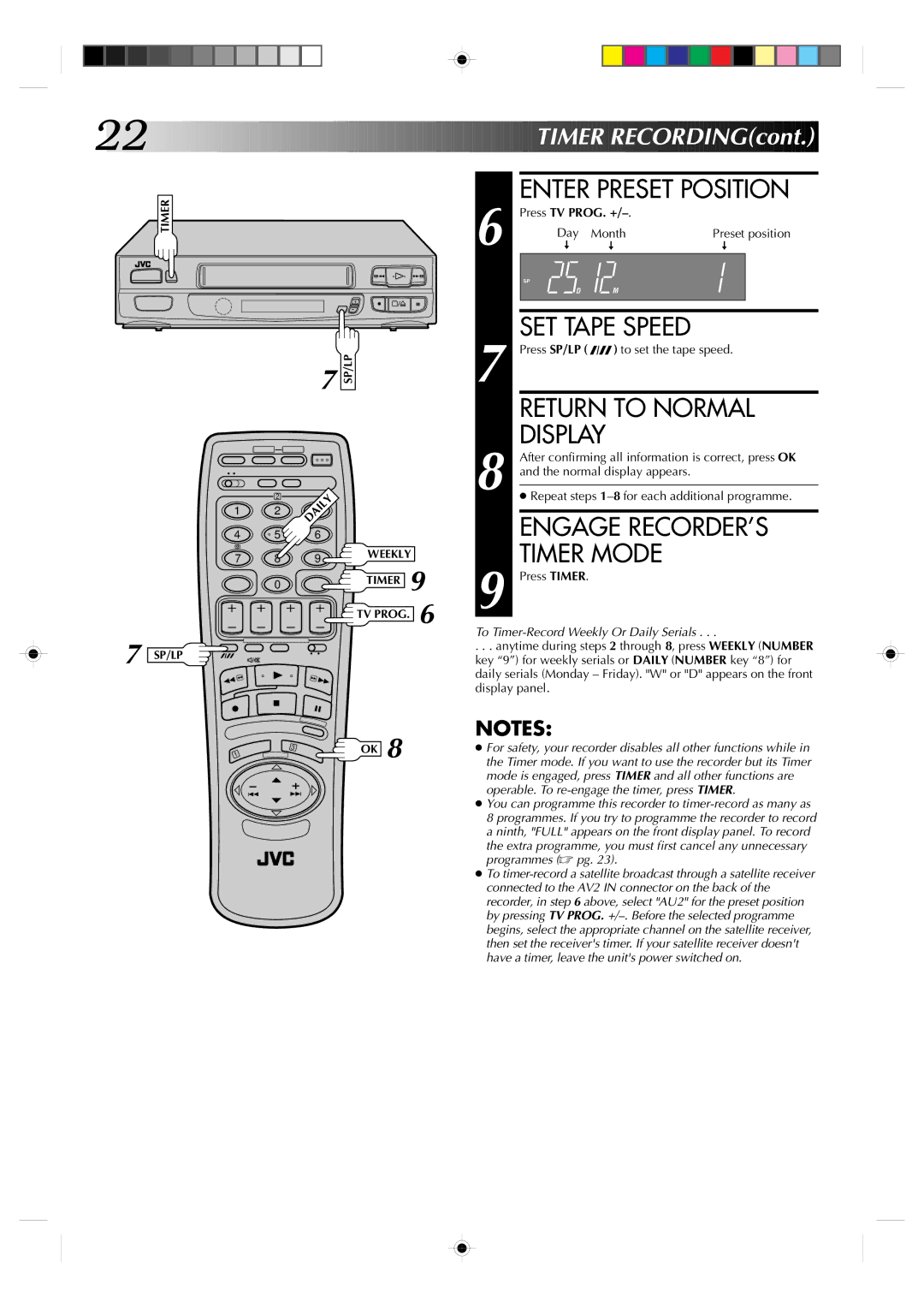 JVC HR-A230EK specifications Enter Preset Position, Engage RECORDER’S Timer Mode, Press TV PROG. + 