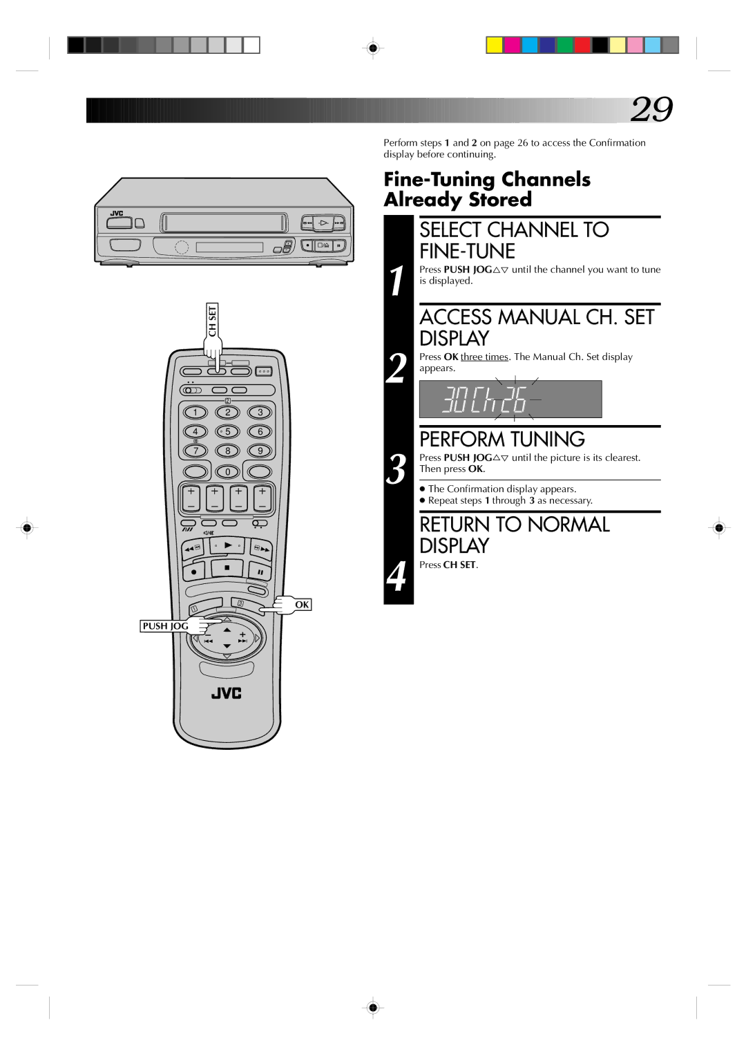 JVC HR-A230EK specifications Select Channel to FINE-TUNE, Access Manual CH. SET Display, Perform Tuning 