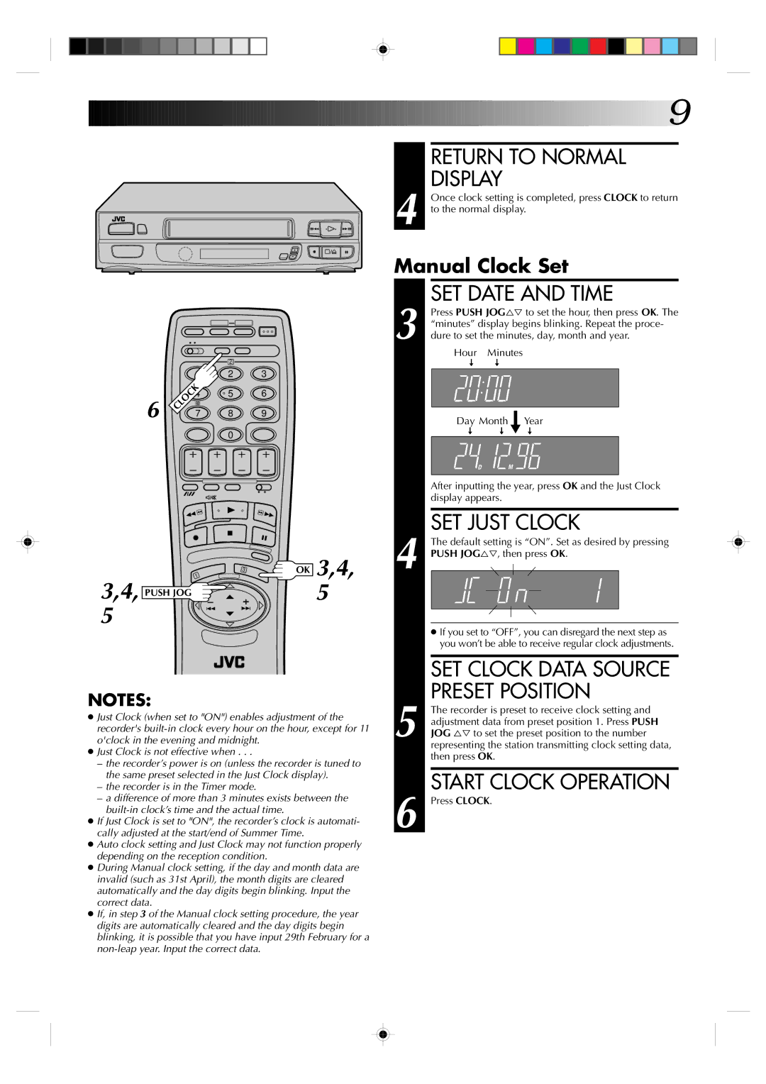 JVC HR-A230EK specifications Return to Normal Display, SET Date and Time, SET Just Clock, Preset Position, Manual Clock Set 