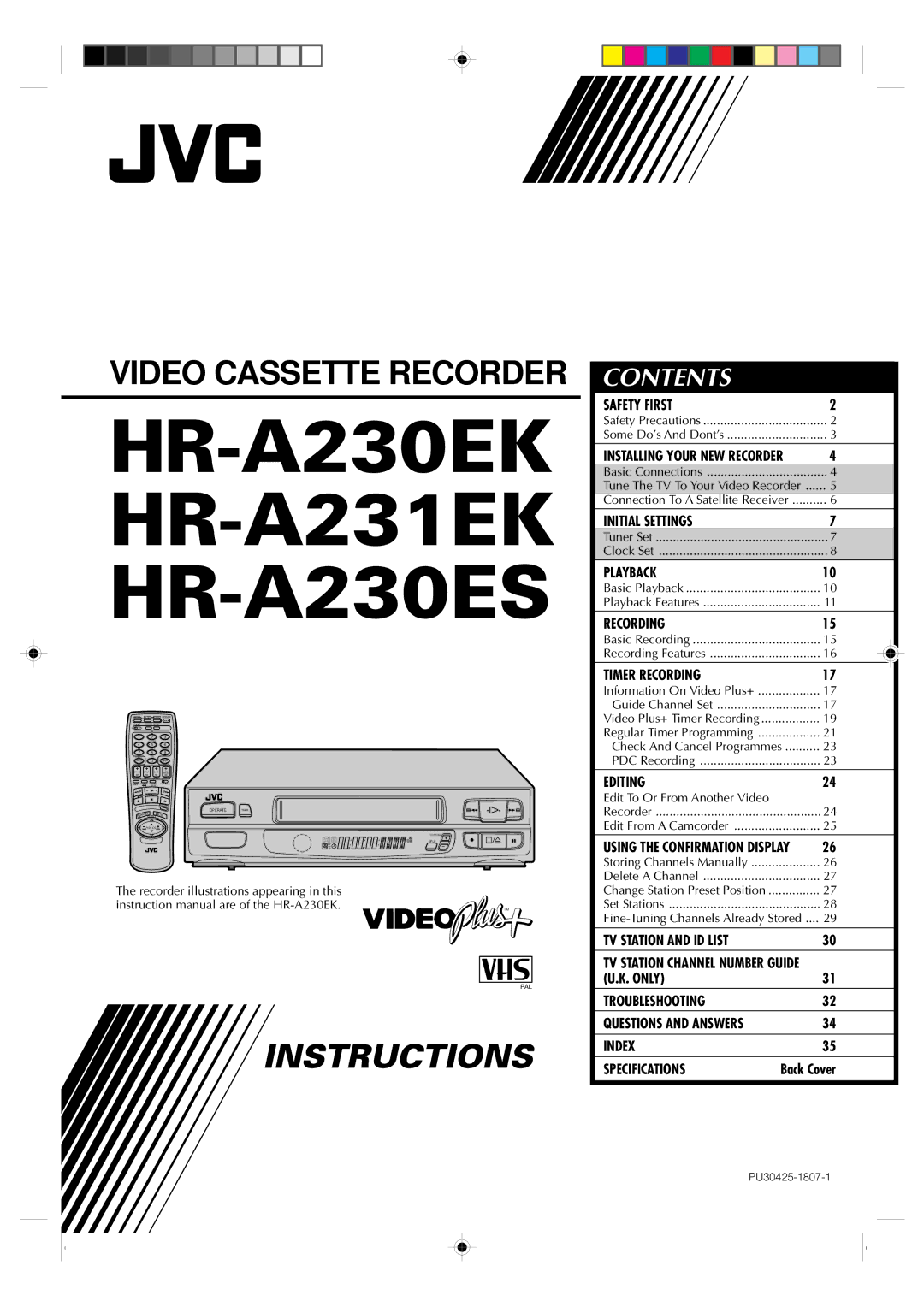 JVC specifications HR-A230EK HR-A231EK HR-A230ES 