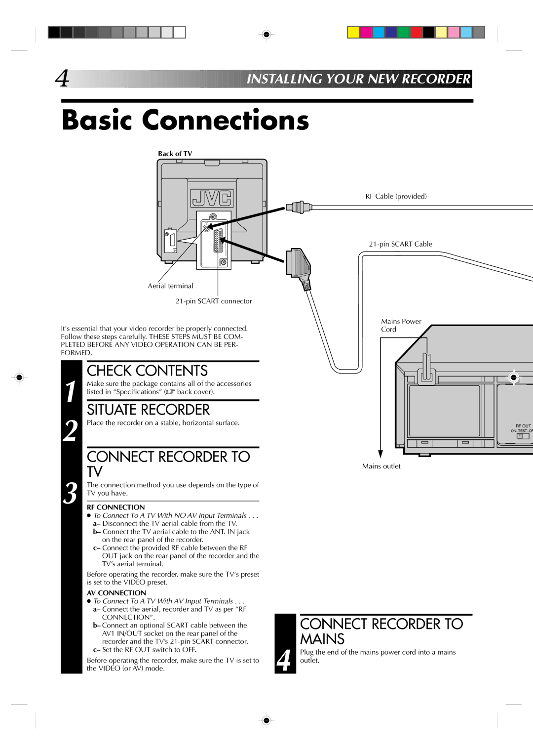 JVC HR-A230ES, HR-A231EK specifications Basic Connections, Check Contents, Situate Recorder, Connect Recorder to Mains 