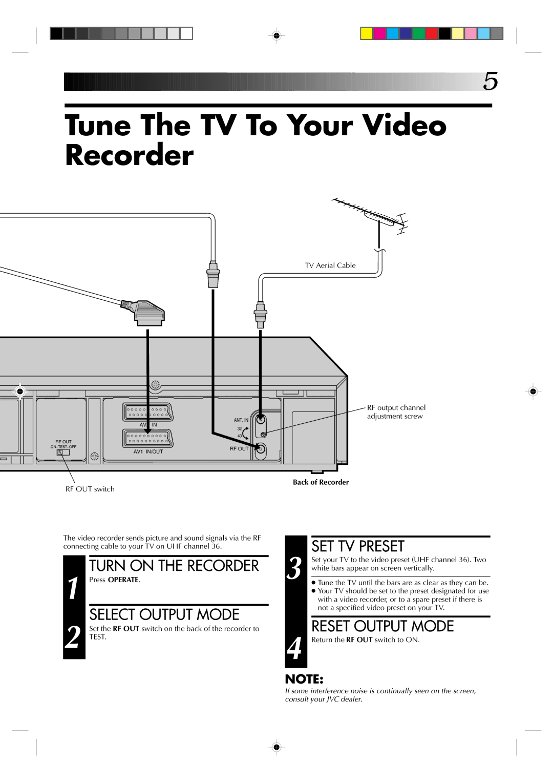 JVC HR-A231EK Tune The TV To Your Video Recorder, Select Output Mode, SET TV Preset, Reset Output Mode, Back of Recorder 