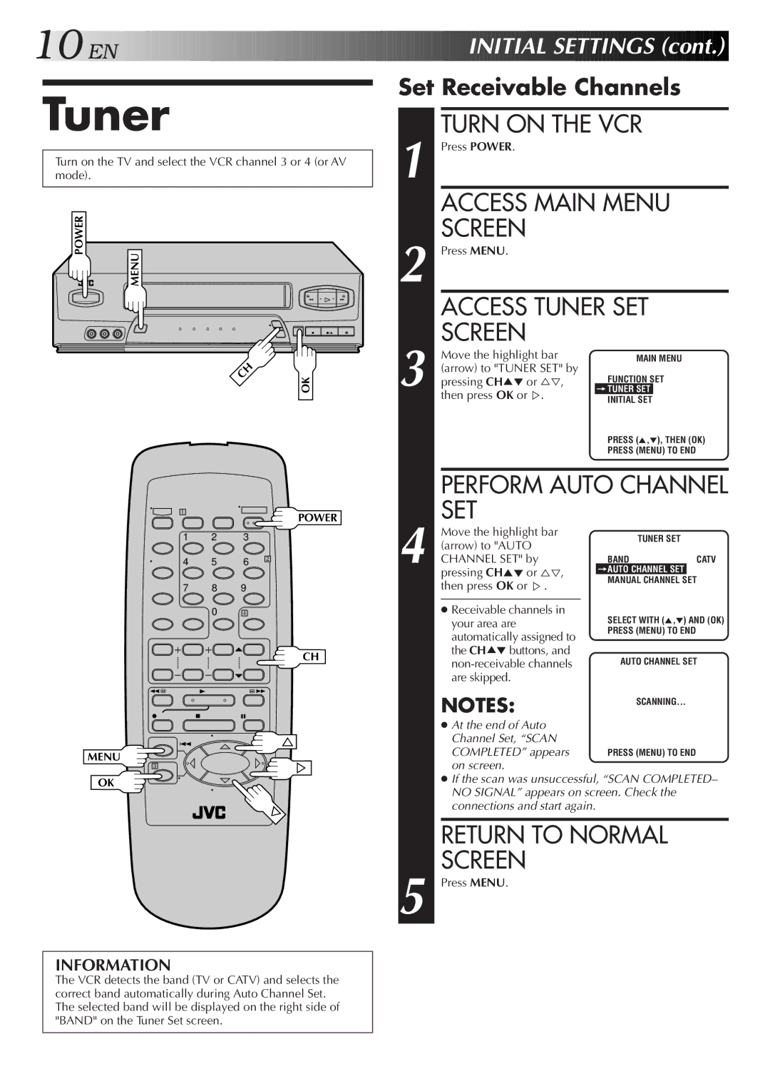 JVC HR-A34U, HR-A54U instruction manual Access Tuner SET, Return to Normal Screen, EN Initial Settings 