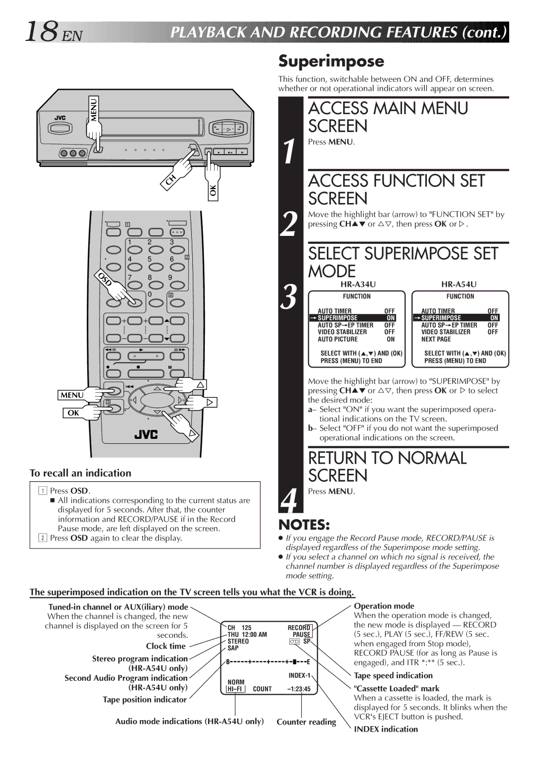 JVC HR-A34U, HR-A54U instruction manual Access Main Menu Screen, Mode, Superimpose 