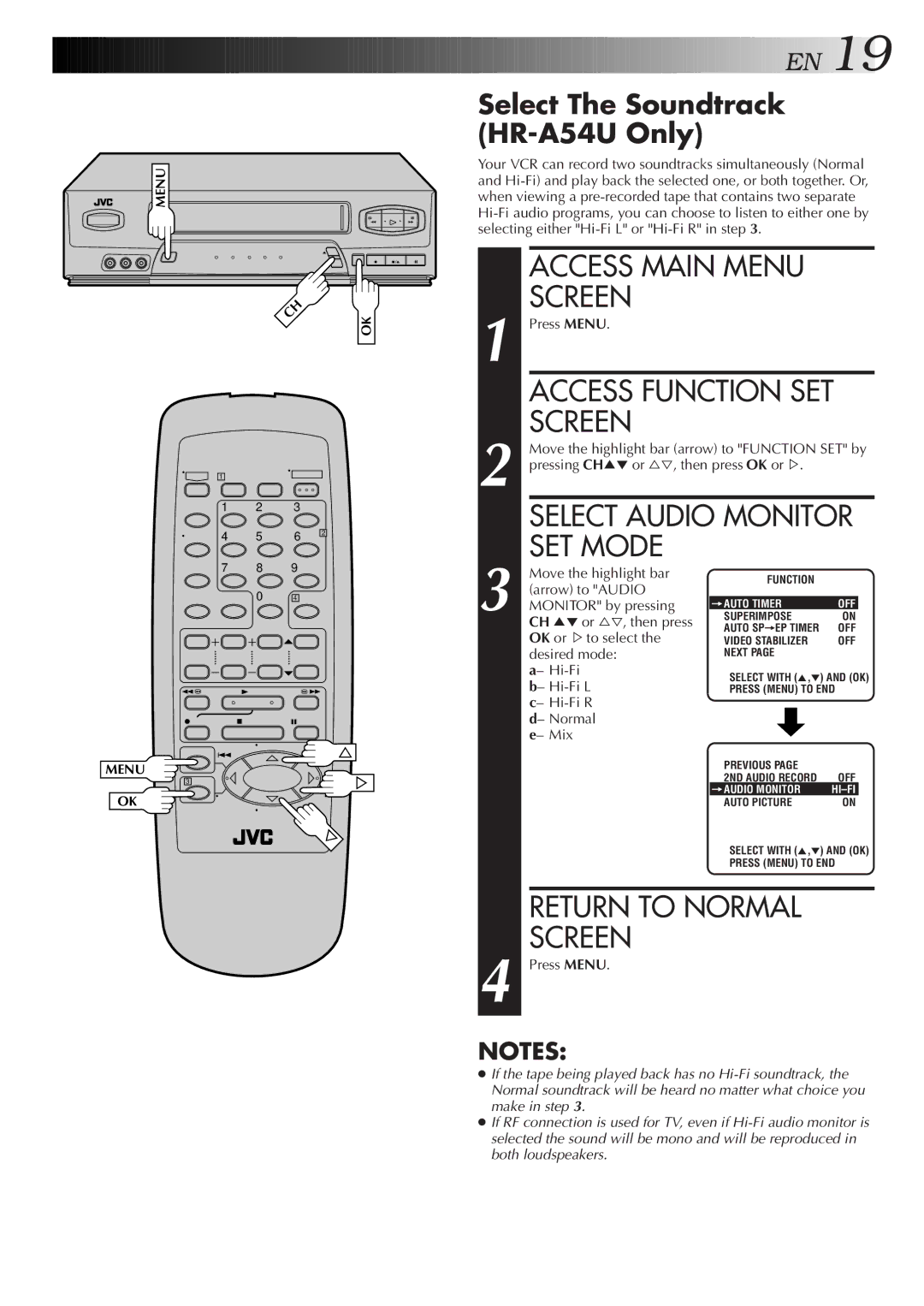 JVC HR-A34U instruction manual Access Function SET, Select Audio Monitor, SET Mode, Select The Soundtrack HR-A54U Only 