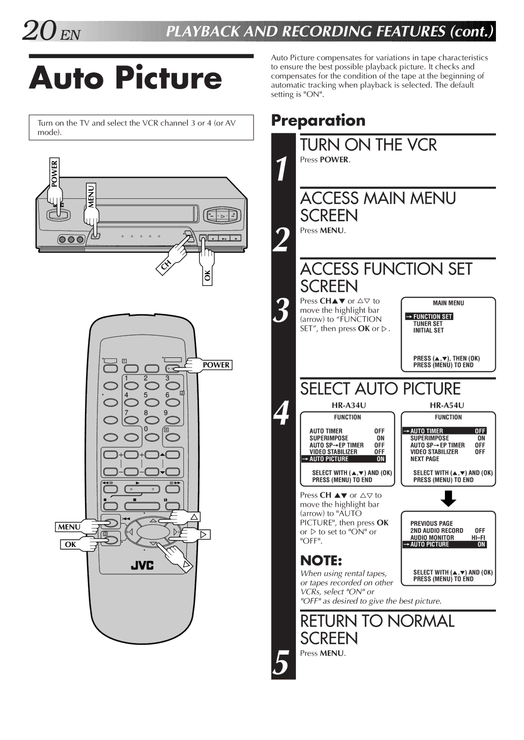 JVC HR-A34U, HR-A54U instruction manual Auto Picture, Preparation, Or %to set to on or, Off 