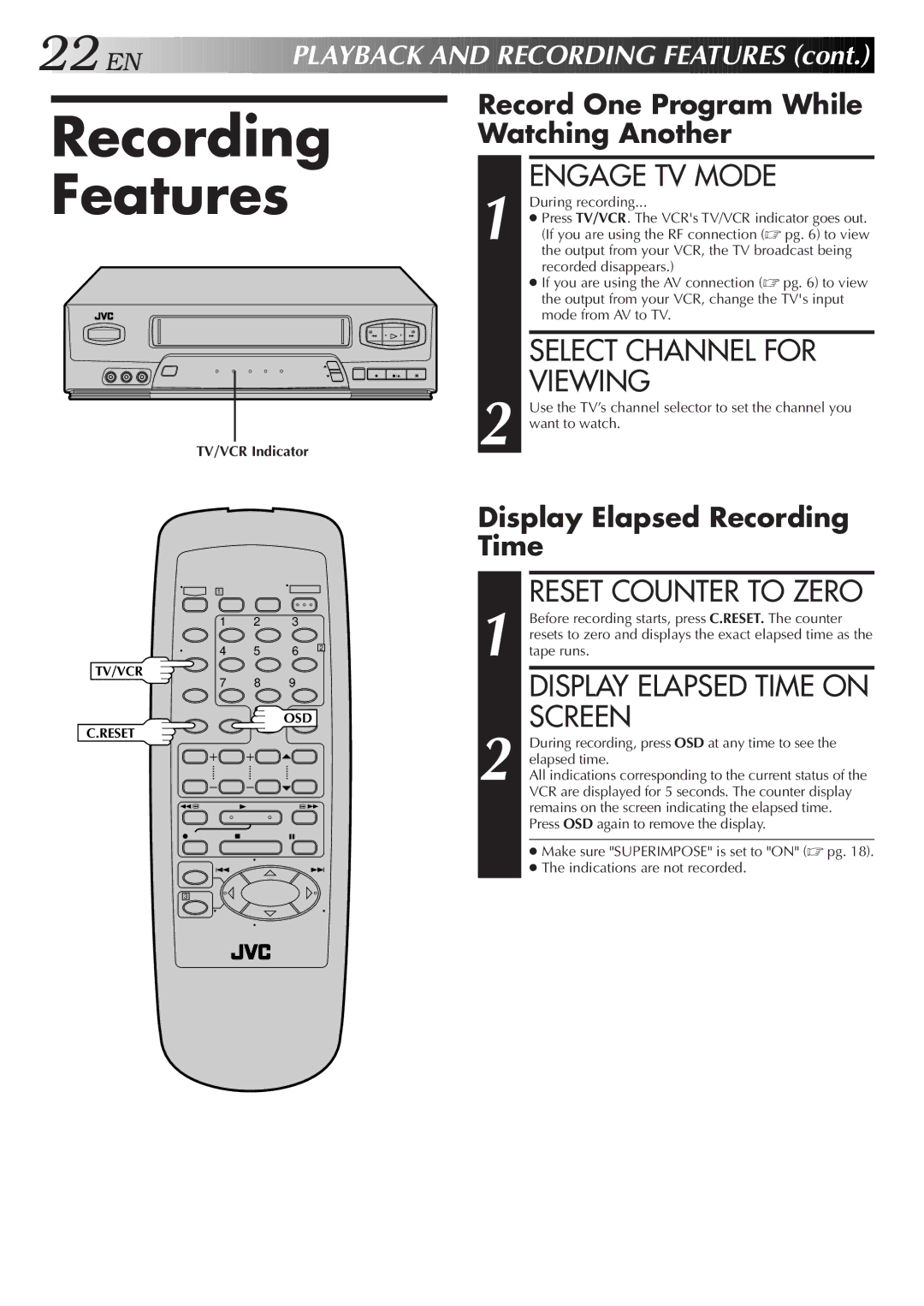 JVC HR-A34U, HR-A54U Recording Features, Engage TV Mode, Select Channel for Viewing, Display Elapsed Time on Screen 