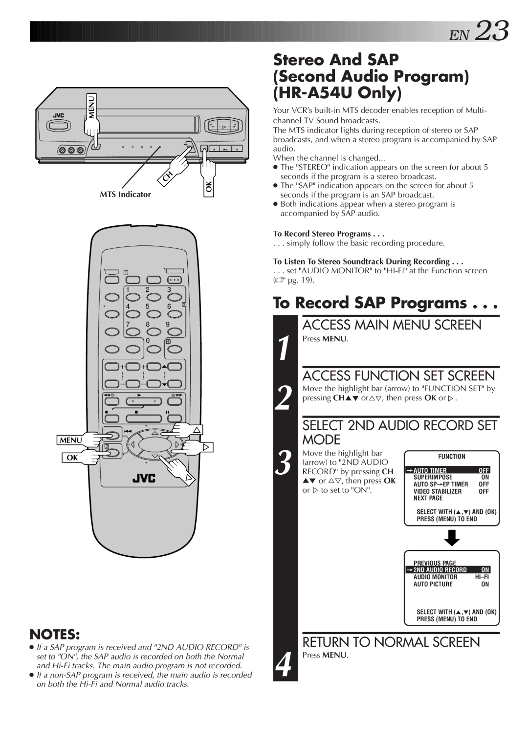 JVC HR-A34U instruction manual Stereo And SAP Second Audio Program HR-A54U Only, To Record SAP Programs 