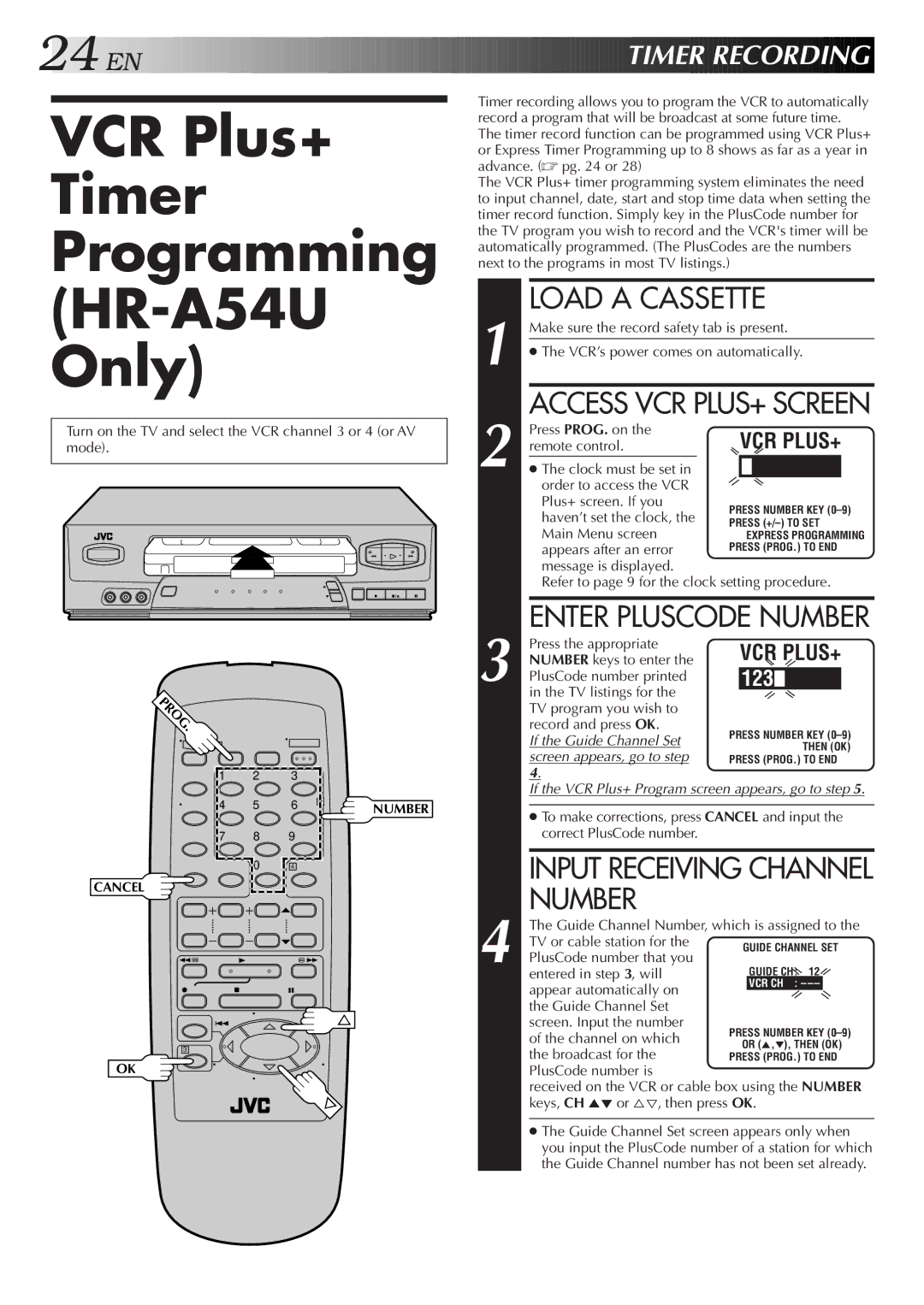 JVC HR-A34U instruction manual VCR Plus+ Timer Programming HR-A54U Only, Input Receiving Channel Number, EN Timer Recording 