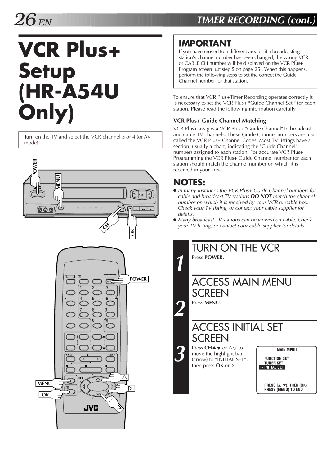 JVC HR-A34U instruction manual VCR Plus+ Setup HR-A54U Only, Access Initial SET Screen, VCR Plus+ Guide Channel Matching 