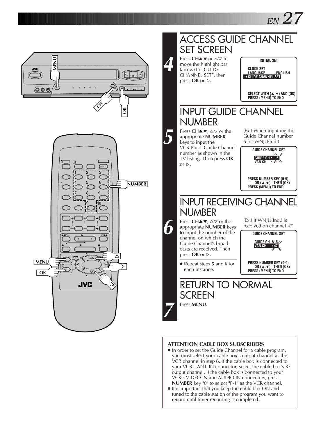 JVC HR-A54U, HR-A34U Access Guide Channel SET Screen, Input Guide Channel, Number, Repeat steps 5 and 6 for, Each instance 