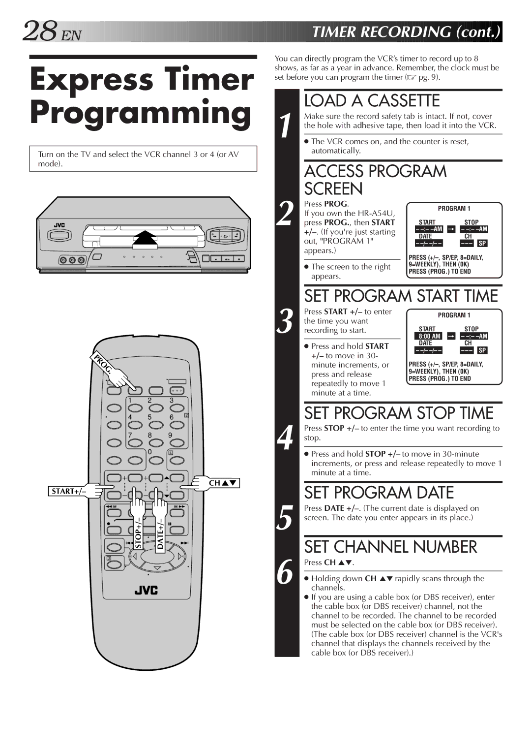 JVC HR-A34U, HR-A54U instruction manual Express Timer Programming, SET Program Date, SET Channel Number 