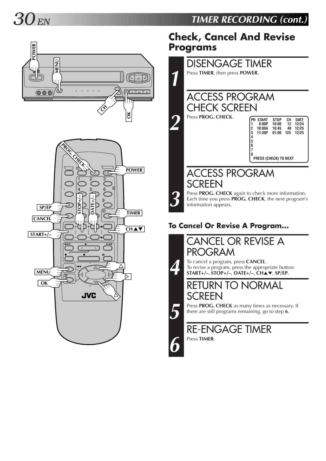 JVC HR-A34U, HR-A54U instruction manual Cancel or Revise a, Program, RE-ENGAGE Timer 