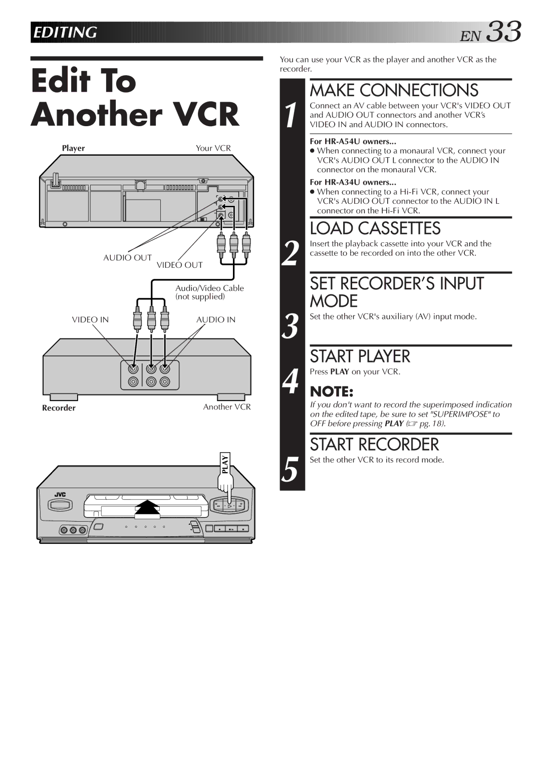 JVC HR-A54U, HR-A34U instruction manual Edit To Another VCR 