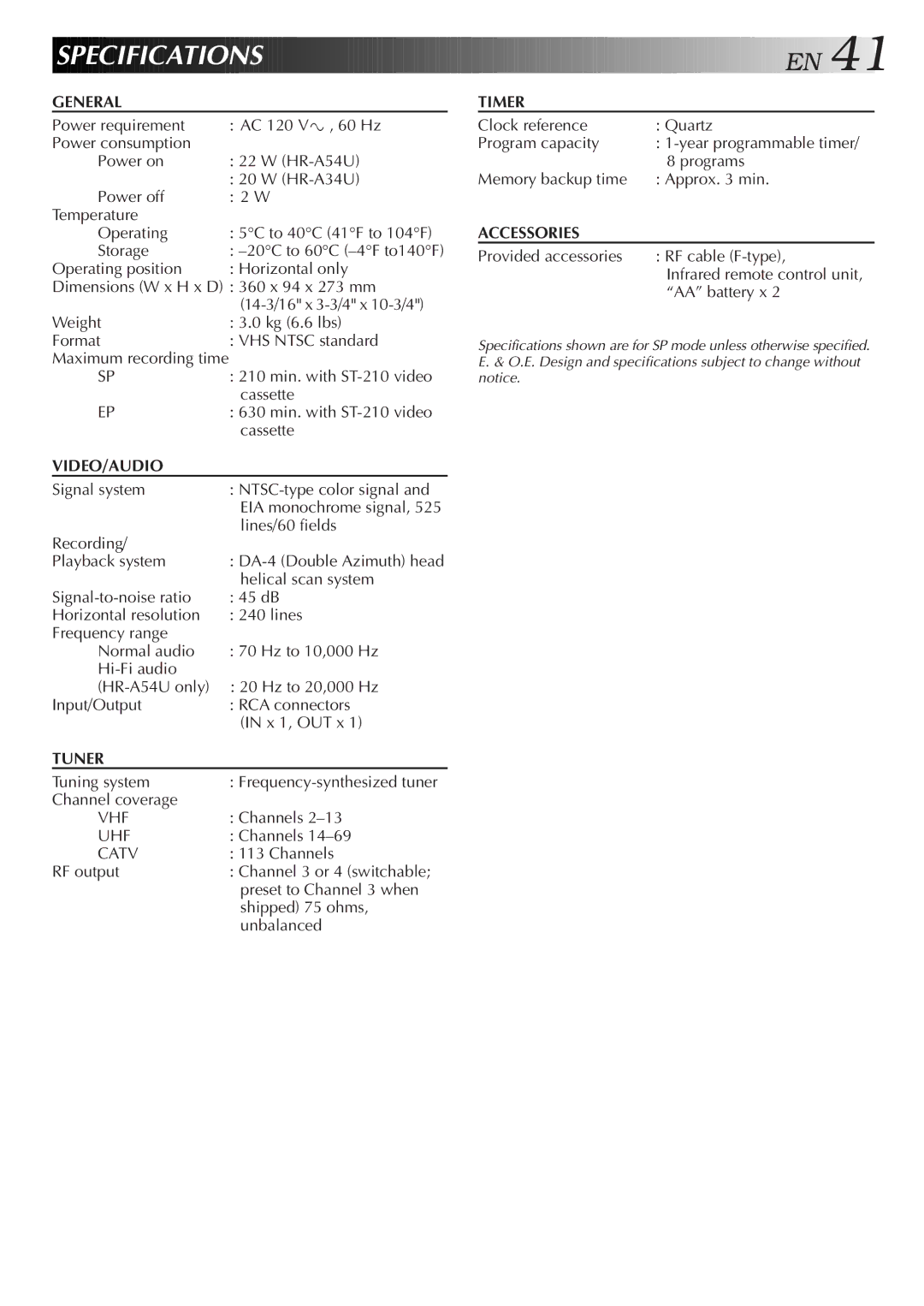 JVC HR-A54U, HR-A34U instruction manual Specification S 